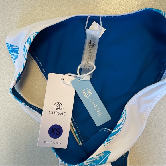 Cupshe Blue Feather Bandeau High Leg Bikini XS - Picture 7 of 13